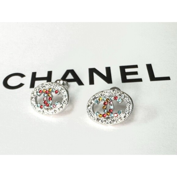 Chanel Round Mod Multi Crystals Ornate Silver Tone Stud Earrings - Picture 1 of 9